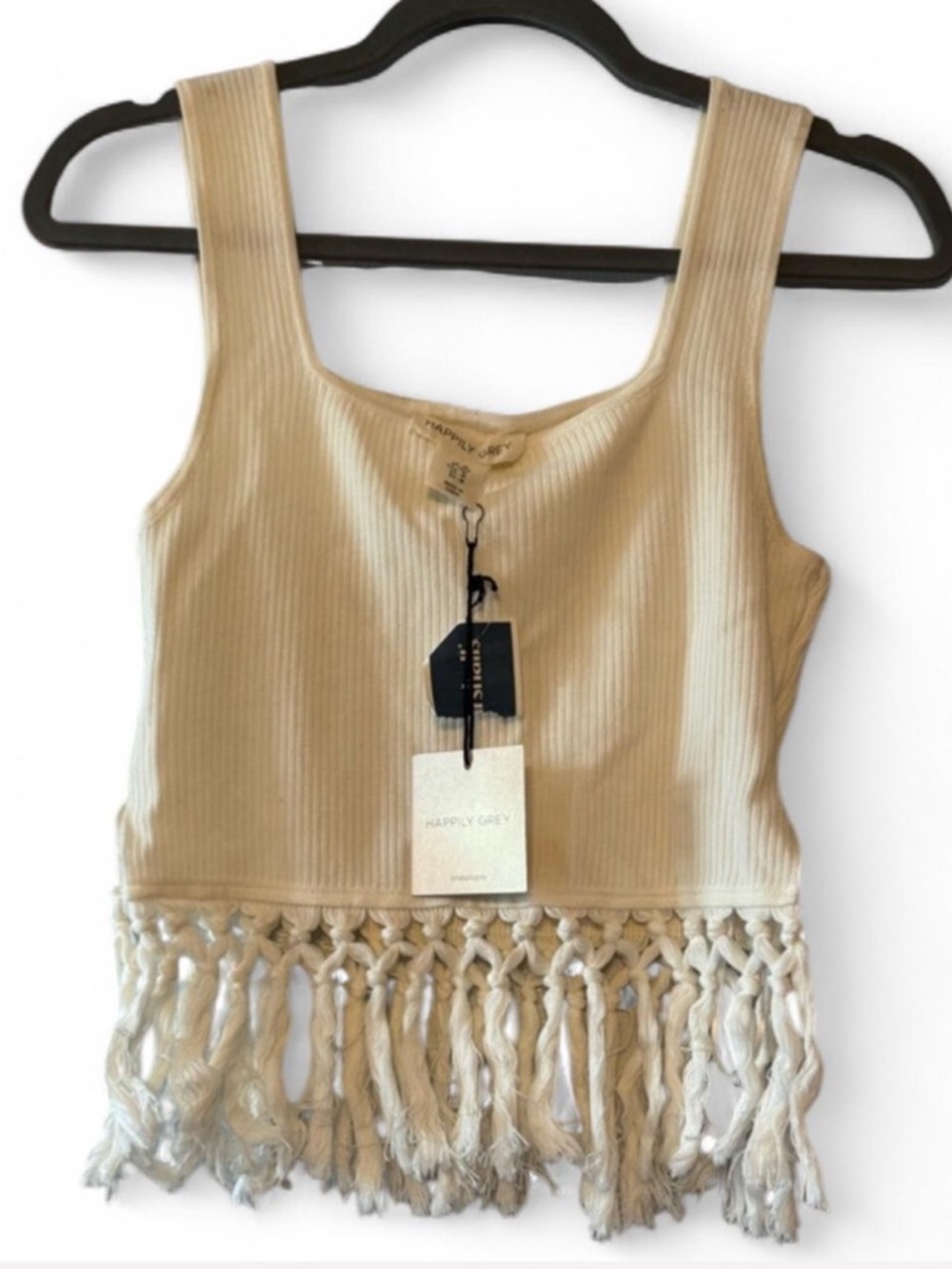 Cream Ribbed Fringe Crop Tank - M
